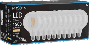 Mexen Vintis 10x žárovka filament LED E27, G125, 12W, Teplá - 2700K, 1560 lm, čirá - L158-E27-1227-00x10