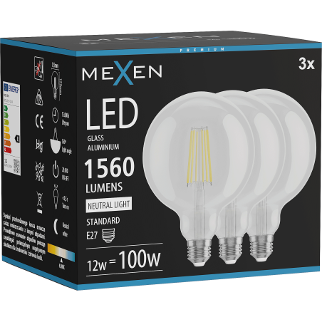 Mexen Vintis 3x LED filamentová žárovka E27, G125, 12W, Neutrální - 4000K, 1560 lm, čirá - L158-E27-1240-00x03