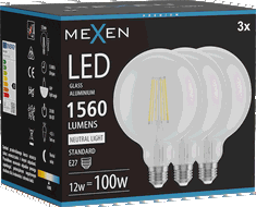 Mexen Vintis 3x LED filamentová žárovka E27, G125, 12W, Neutrální - 4000K, 1560 lm, čirá - L158-E27-1240-00x03