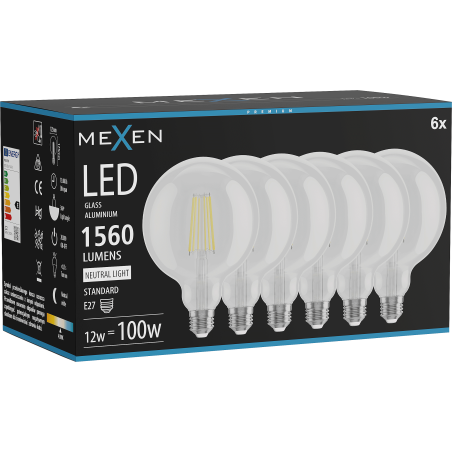 Mexen Vintis 6x Žárovka filament LED E27, G125, 12W, Neutrální - 4000K, 1560 lm, čirá - L158-E27-1240-00x06