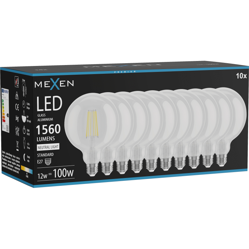 Mexen Vintis 10x Žárovka filament LED E27, G125, 12W, Neutrální - 4000K, 1560 lm, čirá - L158-E27-1240-00x10