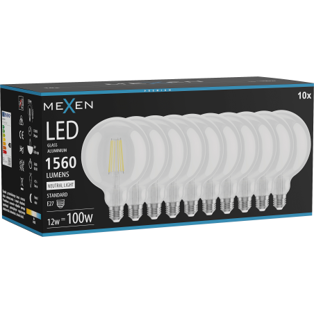 Mexen Vintis 10x Žárovka filament LED E27, G125, 12W, Neutrální - 4000K, 1560 lm, čirá - L158-E27-1240-00x10