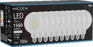 Mexen Vintis 10x Žárovka filament LED E27, G125, 12W, Neutrální - 4000K, 1560 lm, čirá - L158-E27-1240-00x10