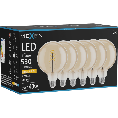 Mexen Vintis 6x Žárovka filament spirála LED E27, G125, 6W, Teplá - 2200K, 530 lm, jantarová - L168-E27-0622-50x06