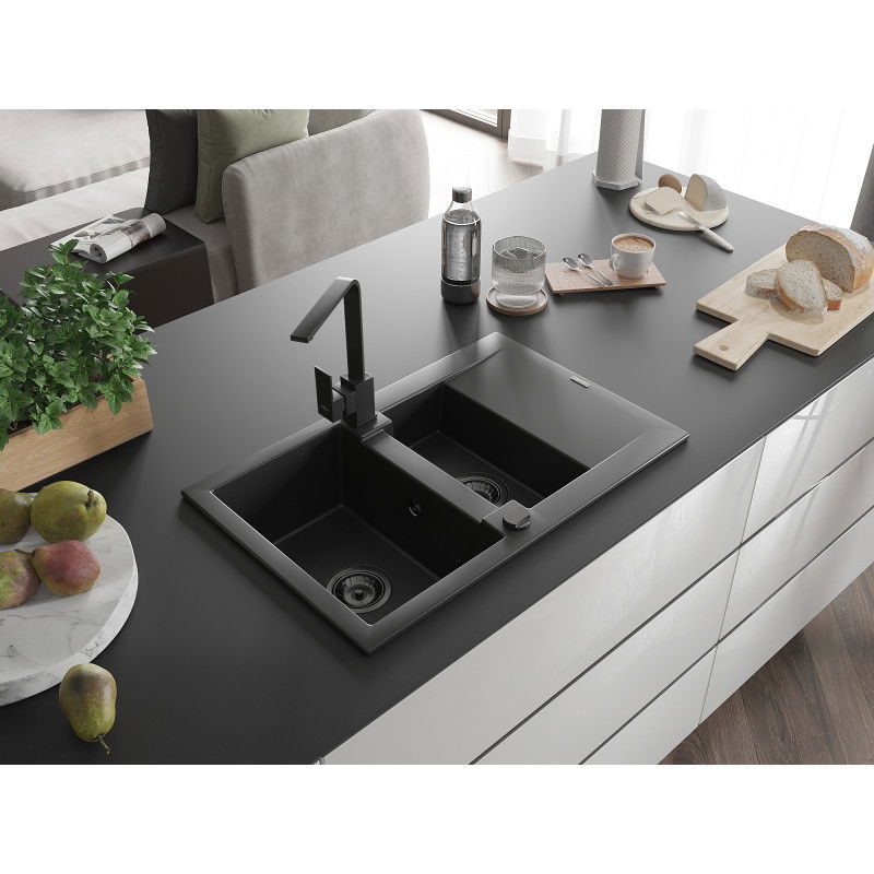 Mexen Gaspar granitový dřez 1,5 komorový s odkapávačem a kuchyňskou baterií Rita, černý - 6507-77-670300-70-B