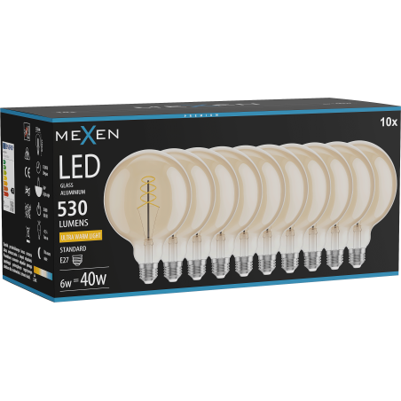 Mexen Vintis 10x žárovka filament spirála LED E27, G125, 6W, Teplá - 2200K, 530 lm, jantarová - L168-E27-0622-50x10