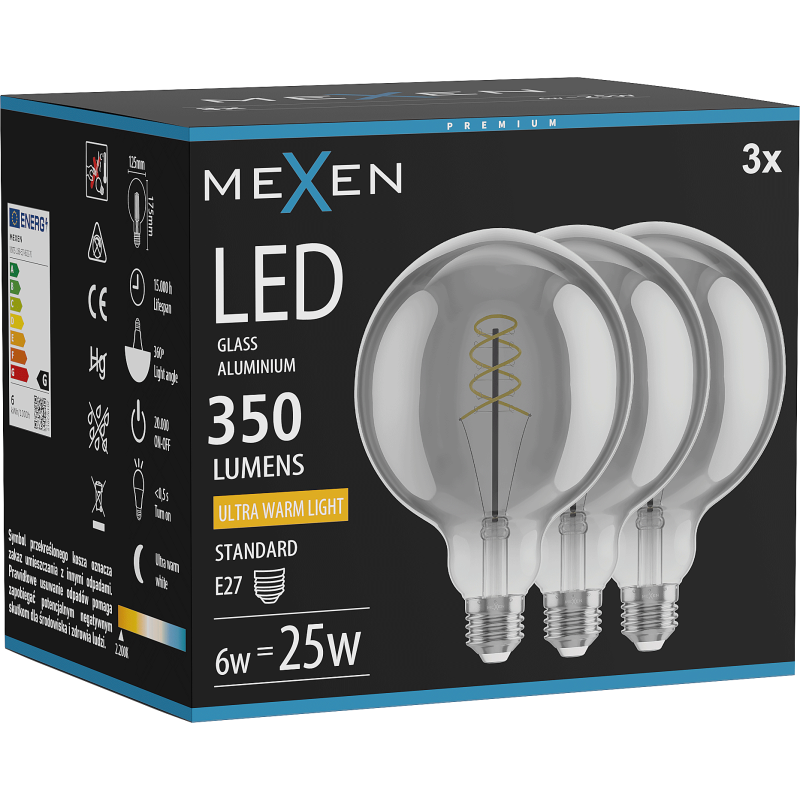 Mexen Vintis 3x Žárovka filament spirála LED E27, G125, 6W, Teplá - 2200K, 350 lm, smoke - L168-E27-0622-70x03