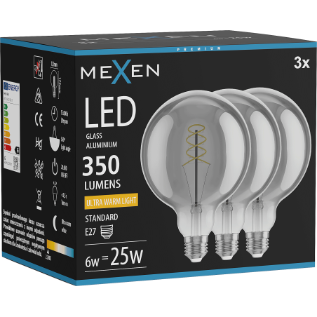 Mexen Vintis 3x Žárovka filament spirála LED E27, G125, 6W, Teplá - 2200K, 350 lm, smoke - L168-E27-0622-70x03