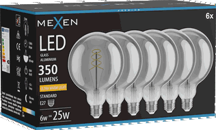 Mexen Vintis 6x žárovka filament spirála LED E27, G125, 6W, Teplá - 2200K, 350 lm, kouřová - L168-E27-0622-70x06