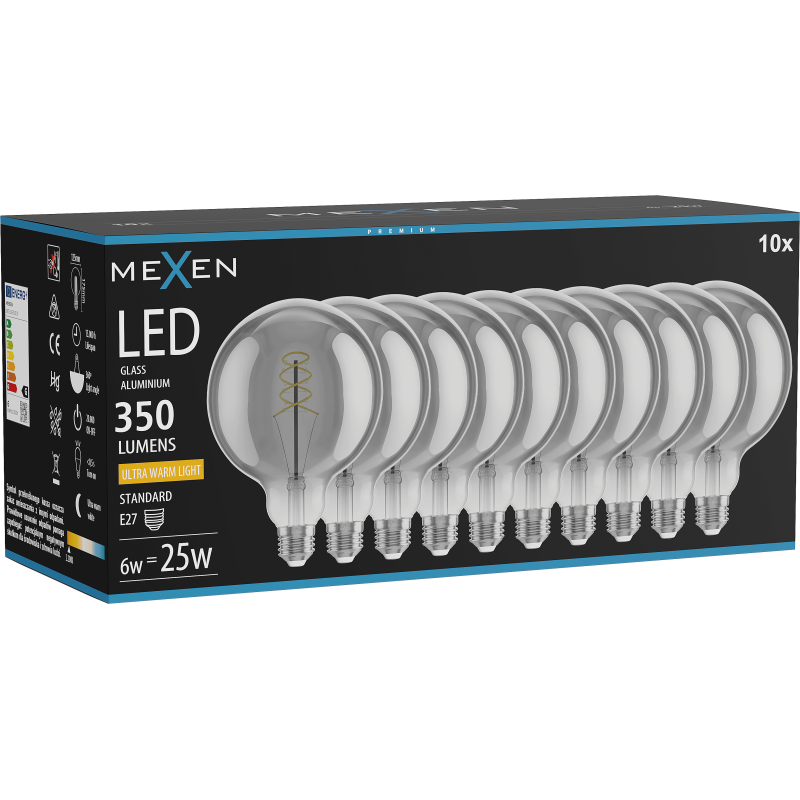 Mexen Vintis 10x Žárovka filament spirála LED E27, G125, 6W, Teplá - 2200K, 350 lm, smoke - L168-E27-0622-70x10