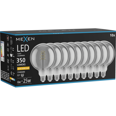 Mexen Vintis 10x Žárovka filament spirála LED E27, G125, 6W, Teplá - 2200K, 350 lm, smoke - L168-E27-0622-70x10