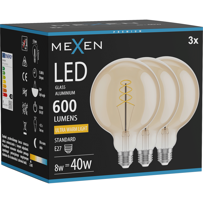 Mexen Vintis 3x žárovka filament spirála LED E27, G125, 8W, Teplá - 2200K, 600 lm, jantarová - L168-E27-0822-50x03