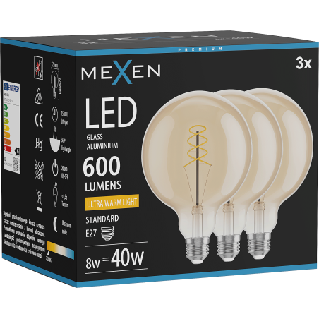 Mexen Vintis 3x žárovka filament spirála LED E27, G125, 8W, Teplá - 2200K, 600 lm, jantarová - L168-E27-0822-50x03