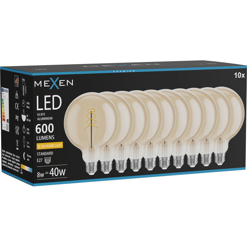 Mexen Vintis 10x Žárovka filament spirála LED E27, G125, 8W, Teplá - 2200K, 600 lm, jantarová - L168-E27-0822-50x10