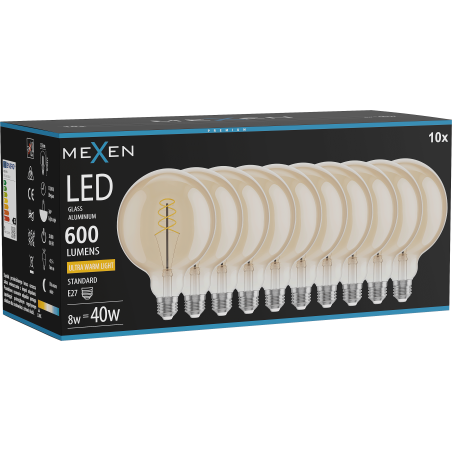 Mexen Vintis 10x Žárovka filament spirála LED E27, G125, 8W, Teplá - 2200K, 600 lm, jantarová - L168-E27-0822-50x10