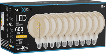 Mexen Vintis 10x Žárovka filament spirála LED E27, G125, 8W, Teplá - 2200K, 600 lm, jantarová - L168-E27-0822-50x10