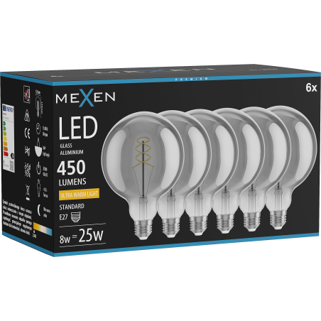 Mexen Vintis 6x žárovka filament spirála LED E27, G125, 8W, Teplá - 2200K, 450 lm, kouřová - L168-E27-0822-70x06