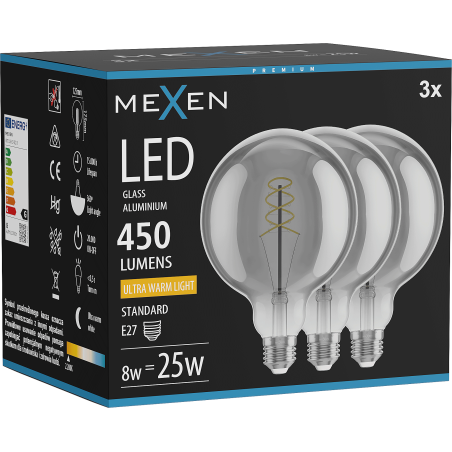 Mexen Vintis 3x Žárovka filament spirála LED E27, G125, 8W, Teplá - 2200K, 450 lm, smoke - L168-E27-0822-70x03