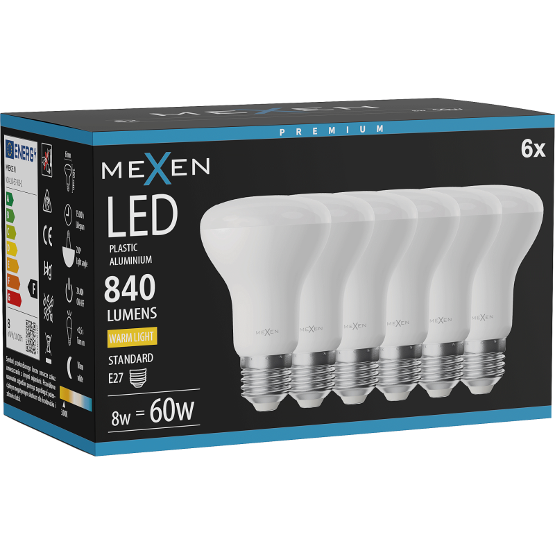 Mexen Nova 6x LED žárovka E27, R63, 8W, Teplá - 3000K, 840 lm - L104-E27-0830-01x06