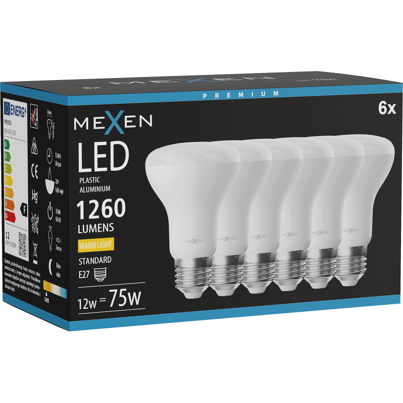 Mexen Nova 6x Žárovka LED E27, R63, 12W, Teplá - 3000K, 1260 lm - L104-E27-1230-01x06