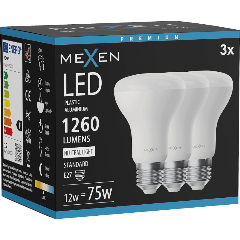 Mexen Nova 3x LED žárovka E27, R63, 12W, Neutrální - 4000K, 1260 lm - L104-E27-1240-01x03