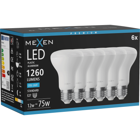 Mexen Nova 6x LED žárovka E27, R63, 12W, Studená - 6500K, 1260 lm - L104-E27-1265-01x06