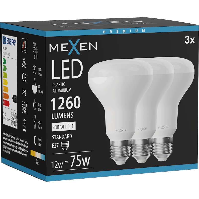 Mexen Nova 3x LED žárovka E27, R80, 12W, Neutrální - 4000K, 1260 lm - L105-E27-1240-01x03