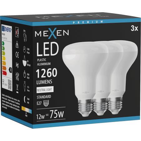 Mexen Nova 3x LED žárovka E27, R80, 12W, Neutrální - 4000K, 1260 lm - L105-E27-1240-01x03