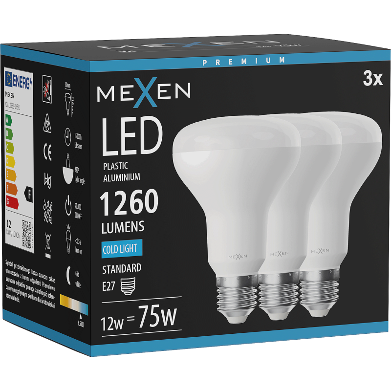 Mexen Nova 3x LED žárovka E27, R80, 12W, Studená - 6500K, 1260 lm - L105-E27-1265-01x03