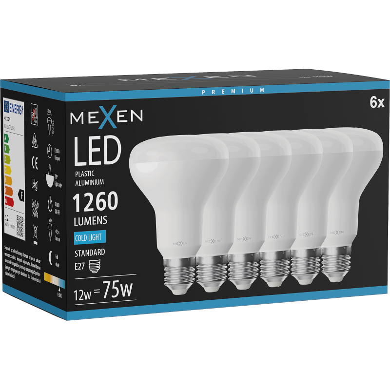 Mexen Nova 6x LED žárovka E27, R80, 12W, Studená - 6500K, 1260 lm - L105-E27-1265-01x06