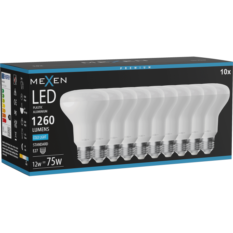 Mexen Nova 10x LED žárovka E27, R80, 12W, Studená - 6500K, 1260 lm - L105-E27-1265-01x10