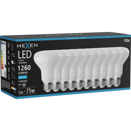 Mexen Nova 10x LED žárovka E27, R80, 12W, Studená - 6500K, 1260 lm - L105-E27-1265-01x10