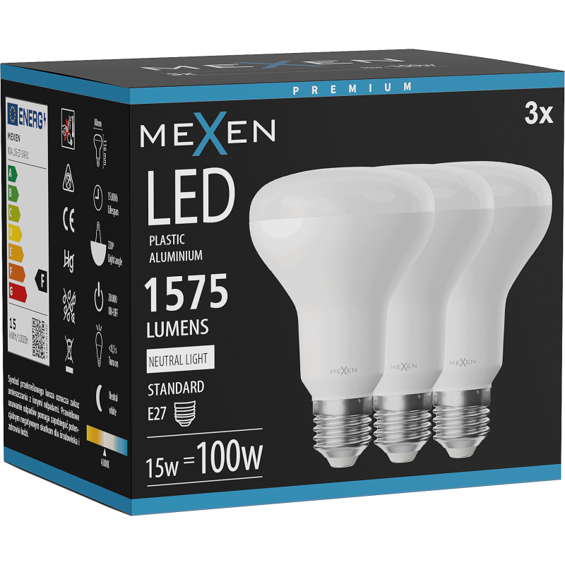 Mexen Nova 3x LED žárovka E27, R80, 15W, Neutrální - 4000K, 1575 lm - L105-E27-1540-01x03