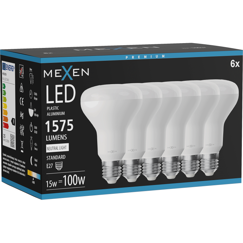 Mexen Nova 6x Žárovka LED E27, R80, 15W, Neutrální - 4000K, 1575 lm - L105-E27-1540-01x06