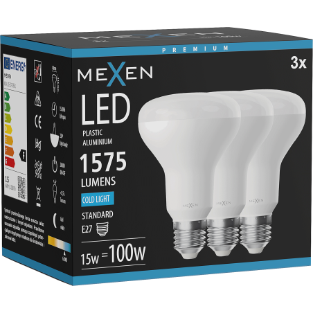 Mexen Nova 3x LED žárovka E27, R80, 15W, Studená - 6500K, 1575 lm - L105-E27-1565-01x03