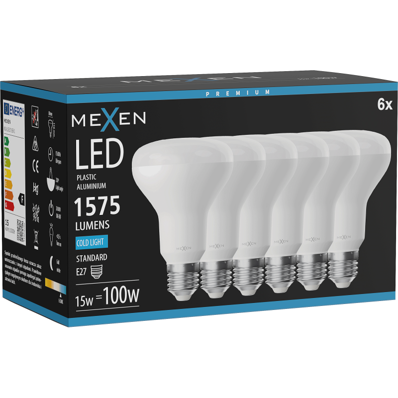 Mexen Nova 6x LED žárovka E27, R80, 15W, Studená - 6500K, 1575 lm - L105-E27-1565-01x06