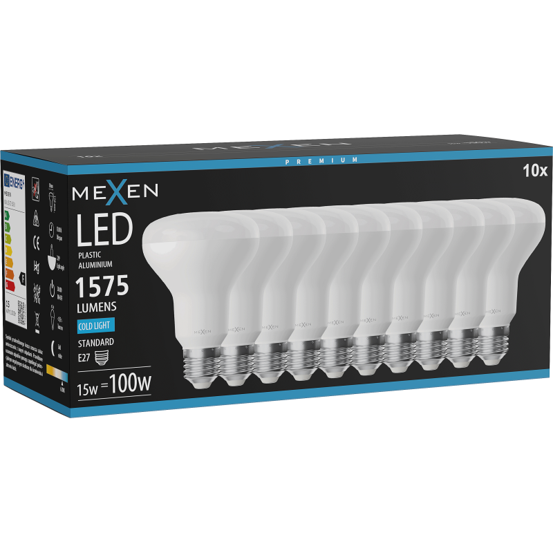 Mexen Nova 10x LED žárovka E27, R80, 15W, Studená - 6500K, 1575 lm - L105-E27-1565-01x10