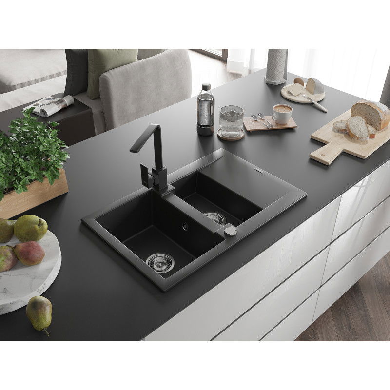 Mexen Gaspar dřez žulový 1,5-komorový s odkapávačem a kuchyňskou baterií Rita, černý - 6507-77-670300-70