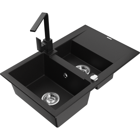 Mexen Gaspar dřez žulový 1,5-komorový s odkapávačem a kuchyňskou baterií Rita, černý - 6507-77-670300-70