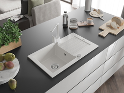 Mexen Pablo granitový dřez s 1 komorou a odkapávačem a kuchyňskou baterií Rita, bílý - 6510-20-670300-20