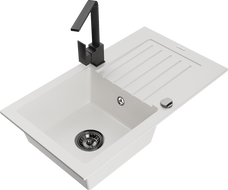 Mexen Pablo granitový dřez s 1 komorou s odkapávačem a kuchyňskou baterií Rita, bílý - 6510-20-670300-70