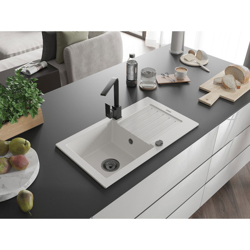 Mexen Pablo granitový dřez s 1 komorou s odkapávačem a kuchyňskou baterií Rita, bílý - 6510-20-670300-70
