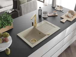 Mexen Pablo granitový kuchyňský dřez 1-komorový s odkapávačem a kuchyňskou baterií Rita, béžový - 6510-69-670300-50