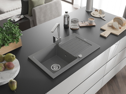 Mexen Pablo granitový dřez 1-komorový s odkapávačem a kuchyňskou baterií Rita, šedý - 6510-71-670300-00