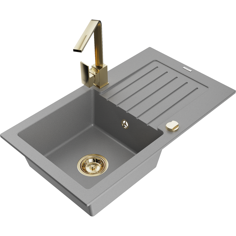 Mexen Pablo granitový dřez 1-komorový s odkapávačem a kuchyňská baterie Rita, šedá - 6510-71-670300-50