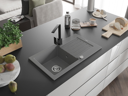 Mexen Pablo granitový kuchyňský dřez 1-komorový s odkapávačem a kuchyňskou baterií Rita, šedý - 6510-71-670300-70