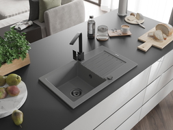 Mexen Pablo jedinečný granitový dřez s 1 komorou a odkapávačem a kuchyňskou baterií Rita, šedý - 6510-71-670300-70-B
