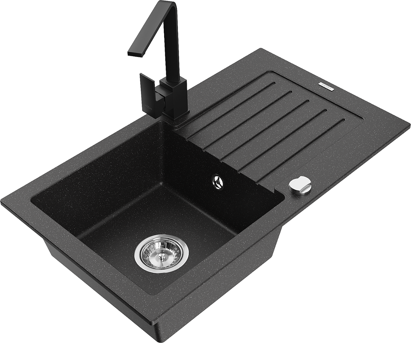 Mexen Pablo 1-miskový granitový dřez s odkapávačem a kuchyňskou baterií Rita, Černá/Stříbrná kovová- 6510-73-670300-70