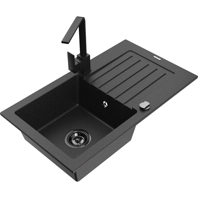 Mexen Pablo granitový dřez s 1 komorou a odkapávačem s kuchyňskou baterií Rita, černý/stříbrný metalík - 6510-73-670300-70-B