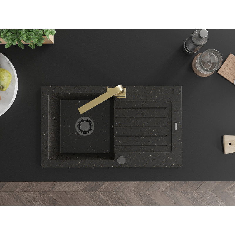 Mexen Pablo žulový dřez s 1 komorou a odkapávačem a kuchyňskou baterií Rita, černý/zlatý metalický- 6510-75-670300-50-B